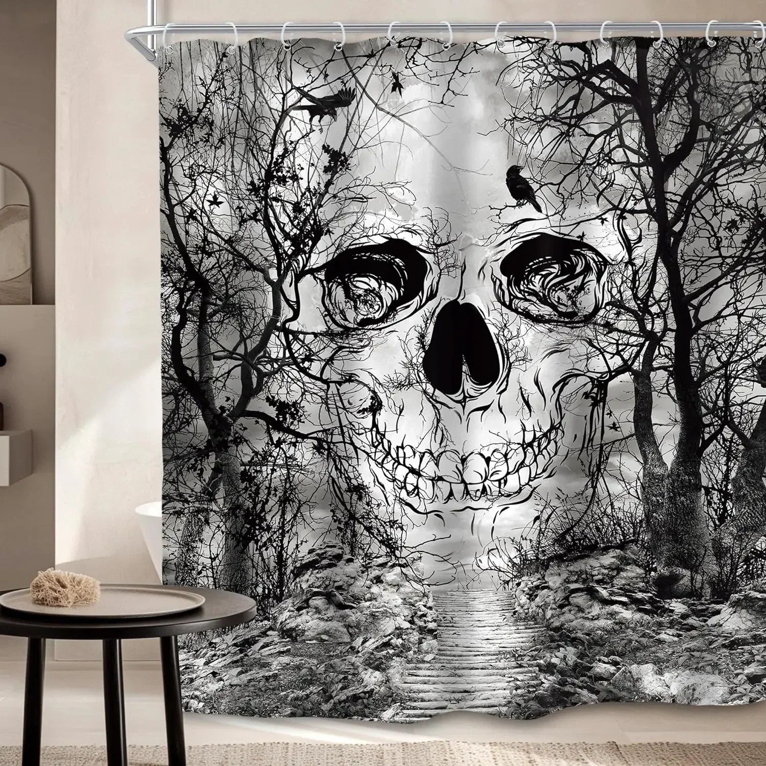 

Halloween Skull Shower Curtains Crow Spooky Forest Pumpkin Castle Moon Black Bats Horror Night Bathroom Decor Fabric with Hooks