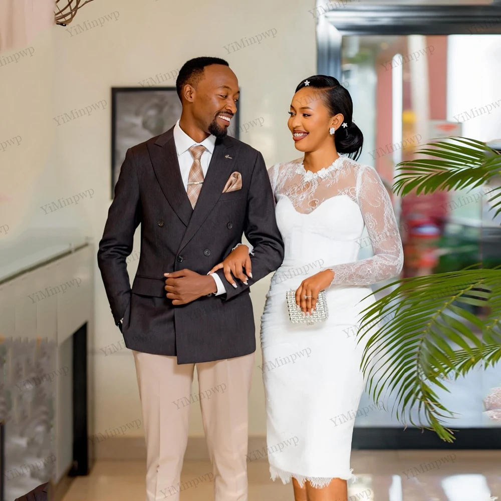 فساتين زفاف قصيرة عاجية كم كامل غمد/عمود ثوب زفاف للنساء 2026 العروس س الرقبة الدانتيل ميدي فستان عروس مخصص