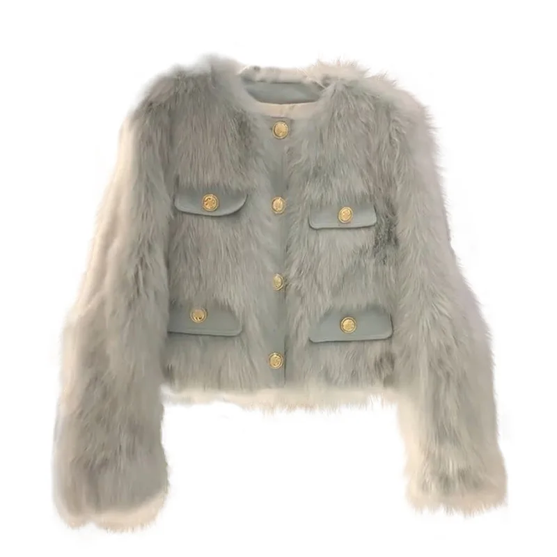 Nepbontjassen Dames Bontjassen Effen Zak V-hals Lange mouw Single Breasted Dik Warm Bont Los Casual 2025, Herfst Winter