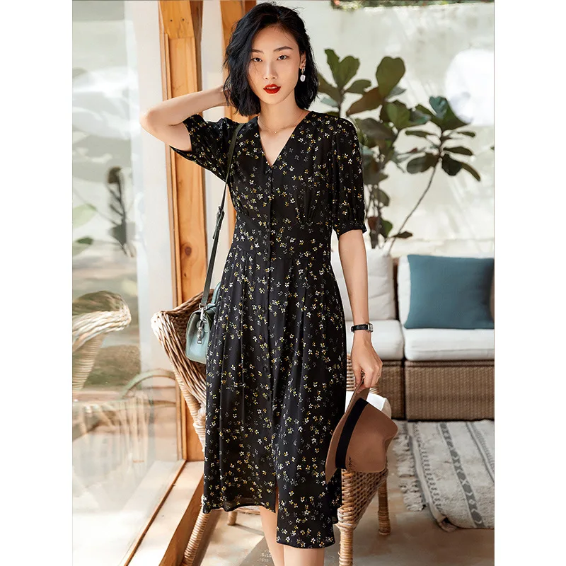 Birdtree 100%Real Silk Elegant Fashion Women Dresses Flower Short Sleeve Retro A-Line Party OL Dress 2023 Autumn New D3D525QM