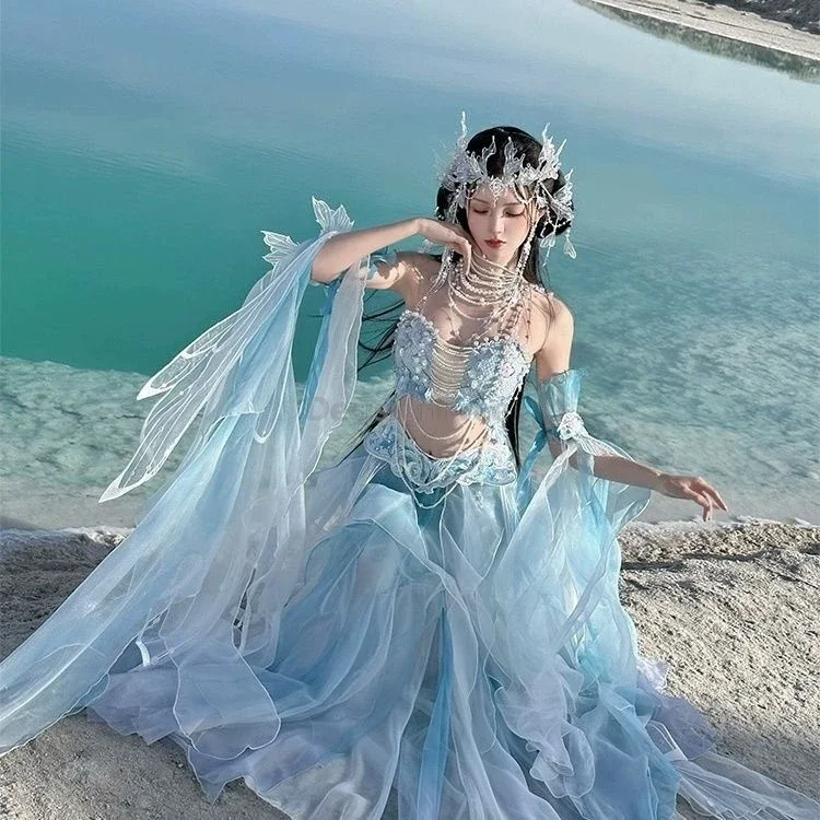 

chinese Mermaid princess dreamy hanfu exotic elf Fantasy Rave Party fairy dress dainty embroideried printed gradient hanfu 2025