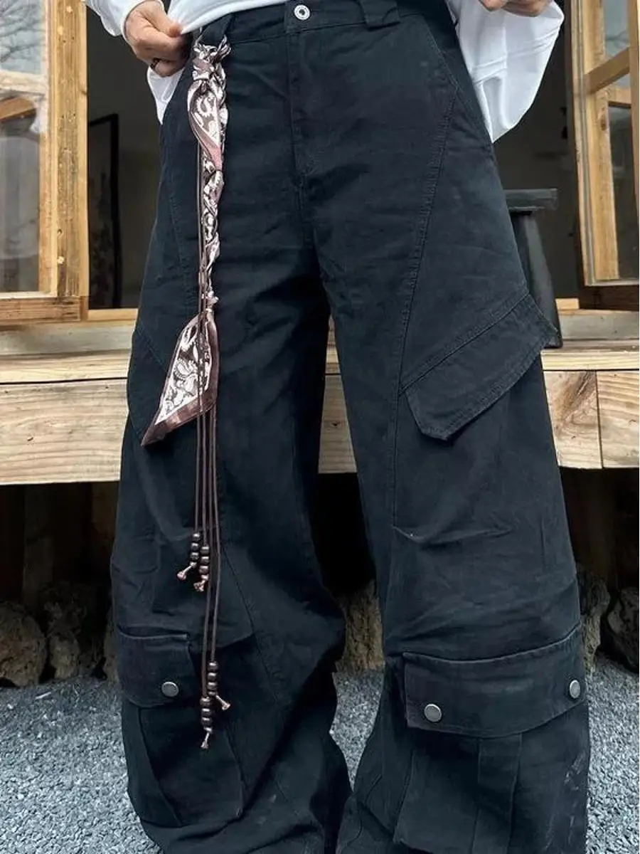 

Summer Large Size Men's Casual Pants with Pocket Suspenders Workwear Wide Leg Pants American Retro Style Multi Pocket Scarf