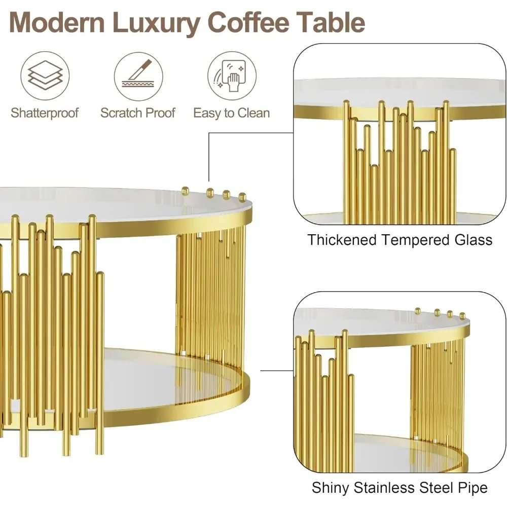 Glass Coffee Table Round Modern Living Room Table, Gold Stainless Steel Metal Leg Clear Tempered Glass, Sofa Center Table