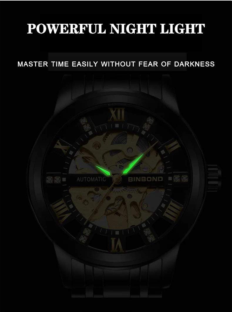 Bindond Mens Automatic Mechanical Watches Top Brand Luxury Stainless Steel Waterproof Hollow Male Wristwatches Relogio Masculino view 6