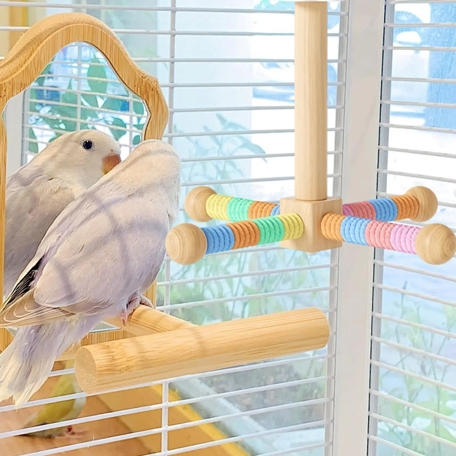 Bird Perch Rotating Wood Bird Perch Toy Interactive Windmill Design Chew Toy for Pet Birds Parrots Hanging Cage Accessories