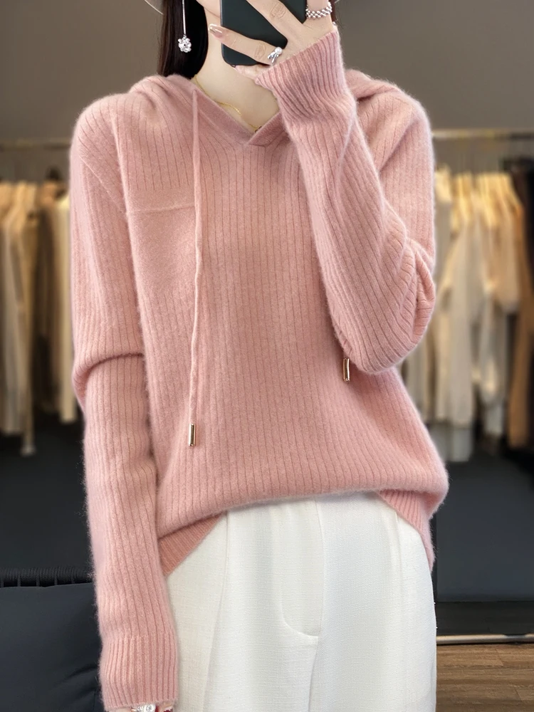 Merino 100% perempuan Sweater wol kasmir rajut Pullover kualitas tinggi musim semi musim gugur Hoodie nyaman hangat pakaian Wanita Atasan