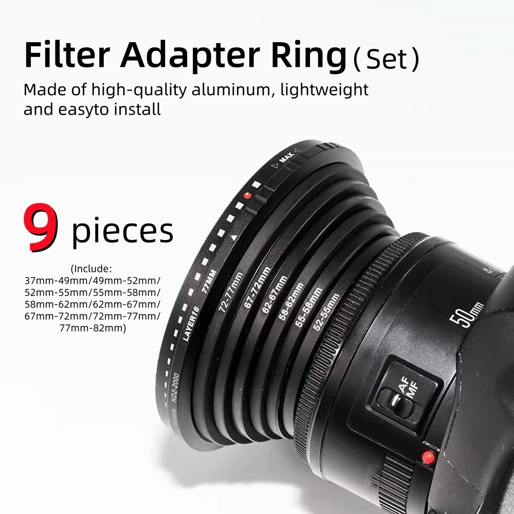 Juego de 9 Anillos Adaptadores para Filtro de Lente de Cámara de 37mm, 49mm a 52mm, 55mm, 58mm, 62mm a 67mm, 72mm, 77mm, 82mm, Anillos de Aumento para UV, CPL, ND, DSLR