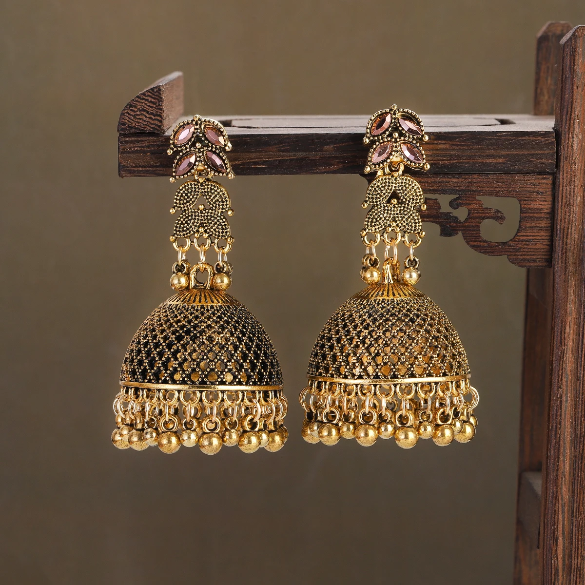Ethnic Gold Color Big Bell Dangle Earrings for Women Vintage Jewelry Pink Zircon Hollow Bells Carved Earrings Indian Earrings