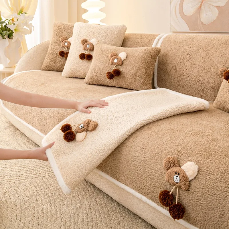 

Soft Glutinous Lamb Wool Sofa Cover Plush Non-Slip Thickened Living Room Sofa Cover Warm Flannel Sofa Cushion Armrest Back Towel