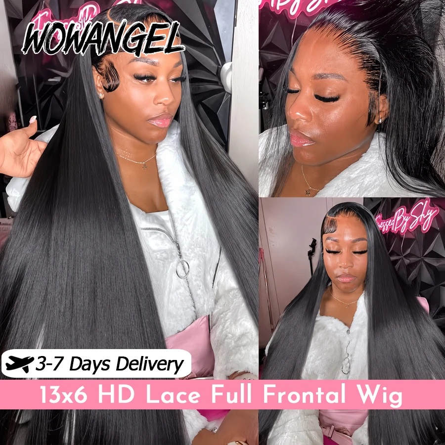 WOWANGEL 250 Density 13x6 HD Lace Full Frontal Perücken, natürliche glatte Echthaarperücken, vorgezupft, brasilianisches Haar für Frauen