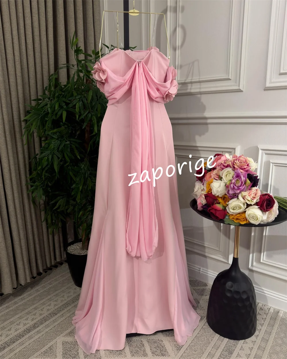 Intricate Chiffon Handmade Flower A-line Strapless Long Dresses Bespoke Occasion Dresses Sizes Available Pastrol