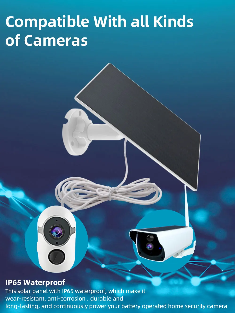 Solar Panel for Battery Camera 3M Cable Rechargeable Power for Security Outdoor WiFi Camera's Power Adapter with USB interface