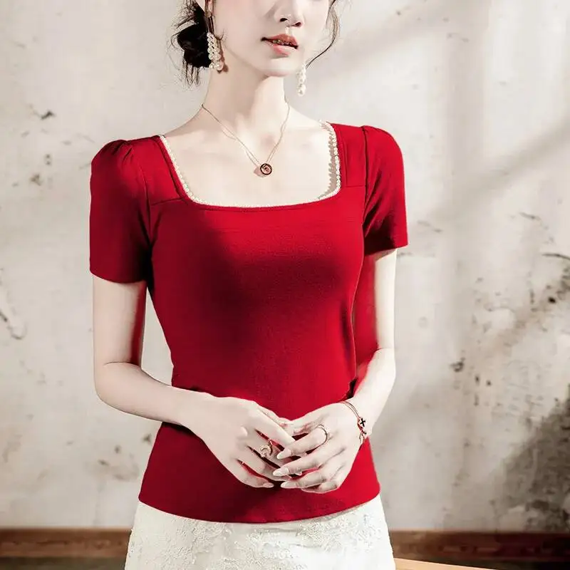 # 4467 Schwarz Weiß Rot Puffärmel T-Shirt Damen Slim Eckiger Kragen Französischer Stil Kurzes T-Shirt Elegantes Büro-Damen-T-Shirt
