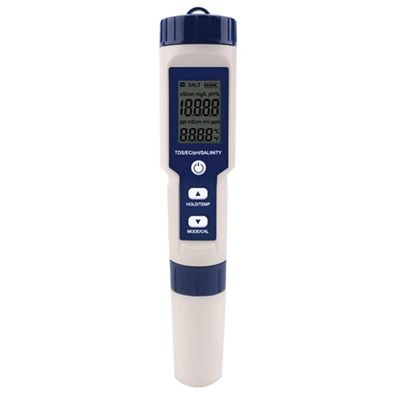 5 In 1 TDS/EC/PH/Salinity/Temperature Meter Digital Water Quality Monitor Tester For Pools, Drinking Water, Aquariums Durable