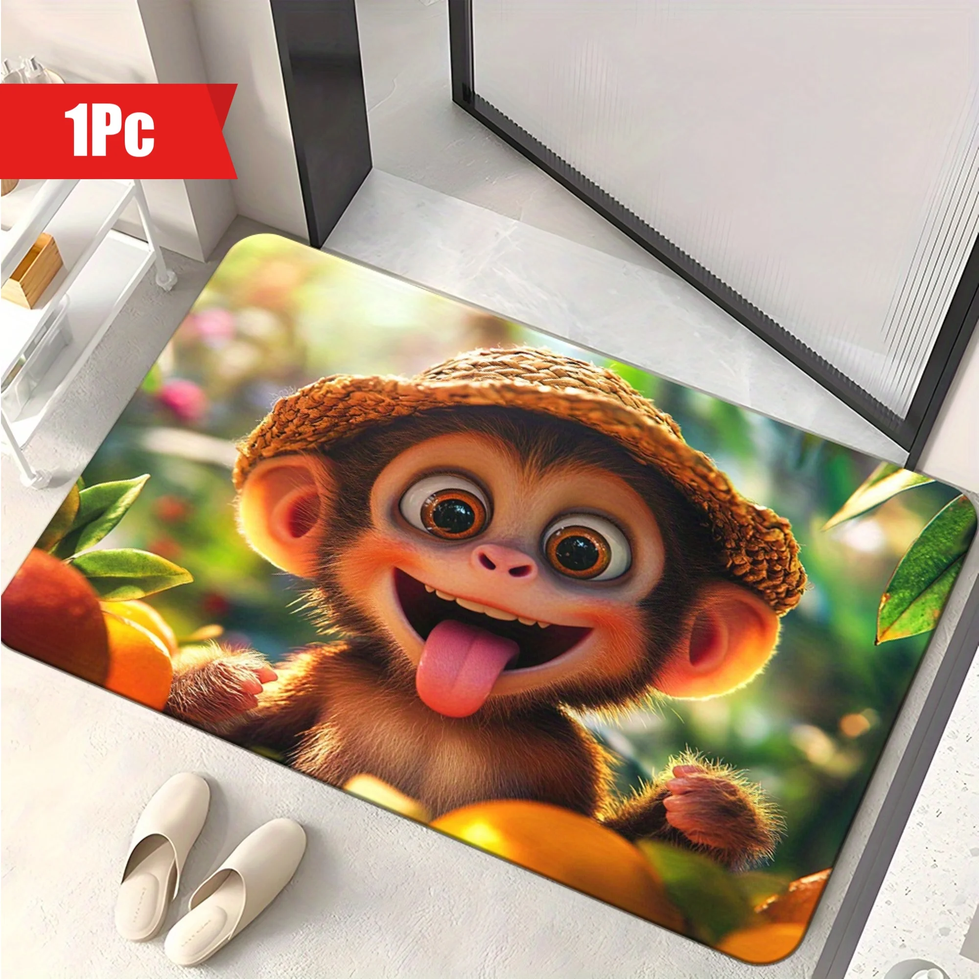 1pc, HD Printed Monkey Door Mat, Non-Slip Bathroom Floor Mats, Microfiber Absorbent Polyester Rug Suitable for Bedroom, Living