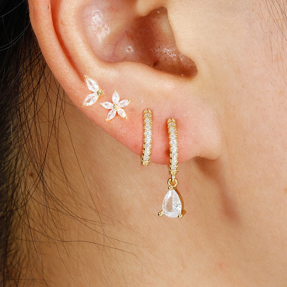 4PCS Stainless Steel Water Drop Huggie Hoop Earrings Set for Women Sweet Multicolor Zircon Flower Stud Piercing Jewelry aretes