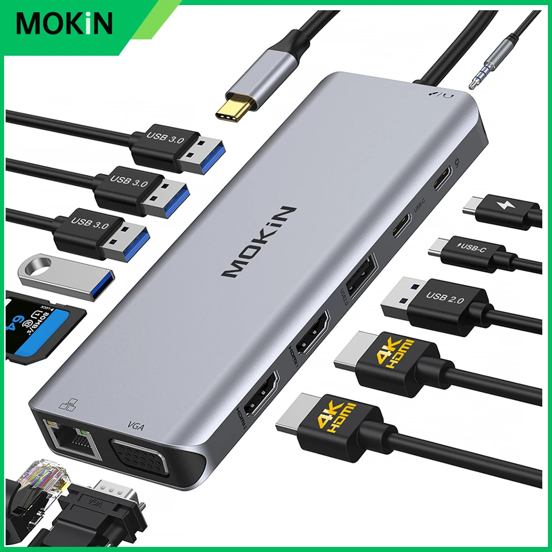 MOKiN Dual HDMI USB Hub Type C Hub 4K60Hz VGA Gigabit Docking Station 3 USB 3.0 SD/TF PD100W Adapter for MacBook Pro Air M1 M2