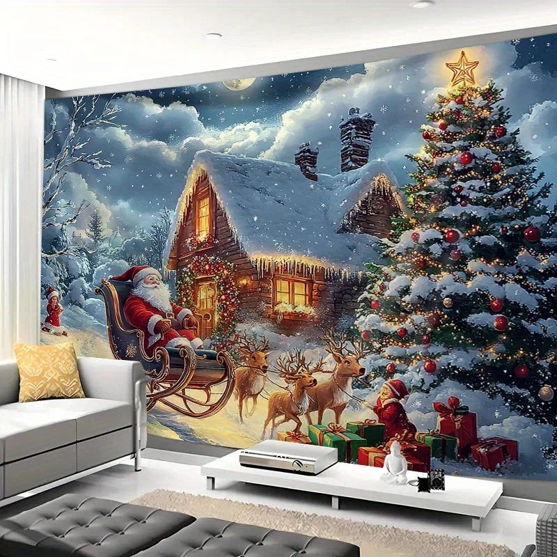 VIKAMA Christmas Sleigh Journey Tapestry Reindeer Sleigh Living Room Feature Wall Children's Room Christmas Theme Room Decor
