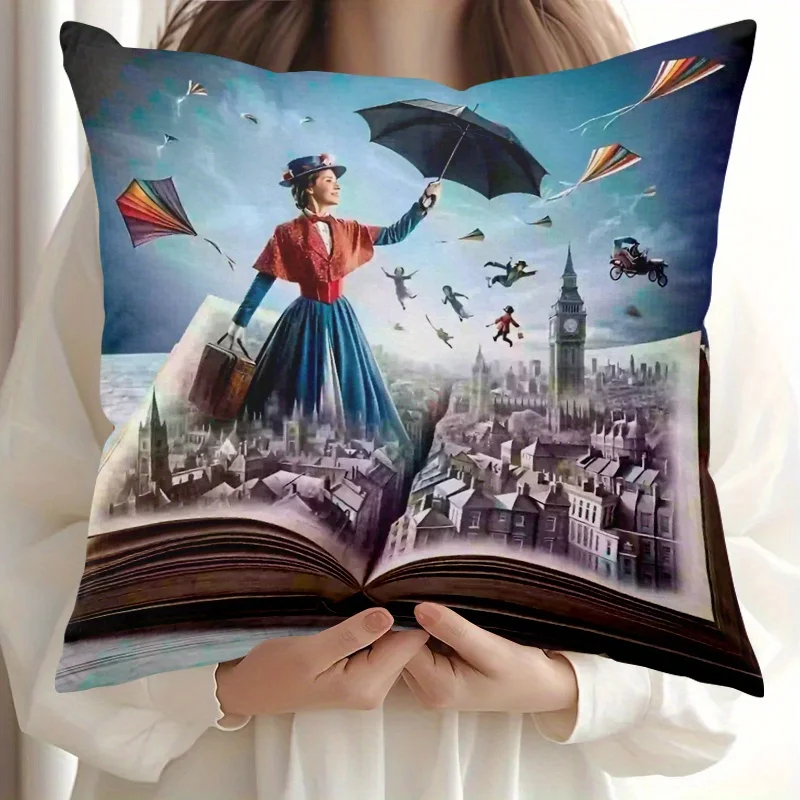 1pc Whimsical Surreal Magic Book Mary Poppins London Sky Art Throw Pillow Cover 2D Double-Side Print Polyester Cushion Case for