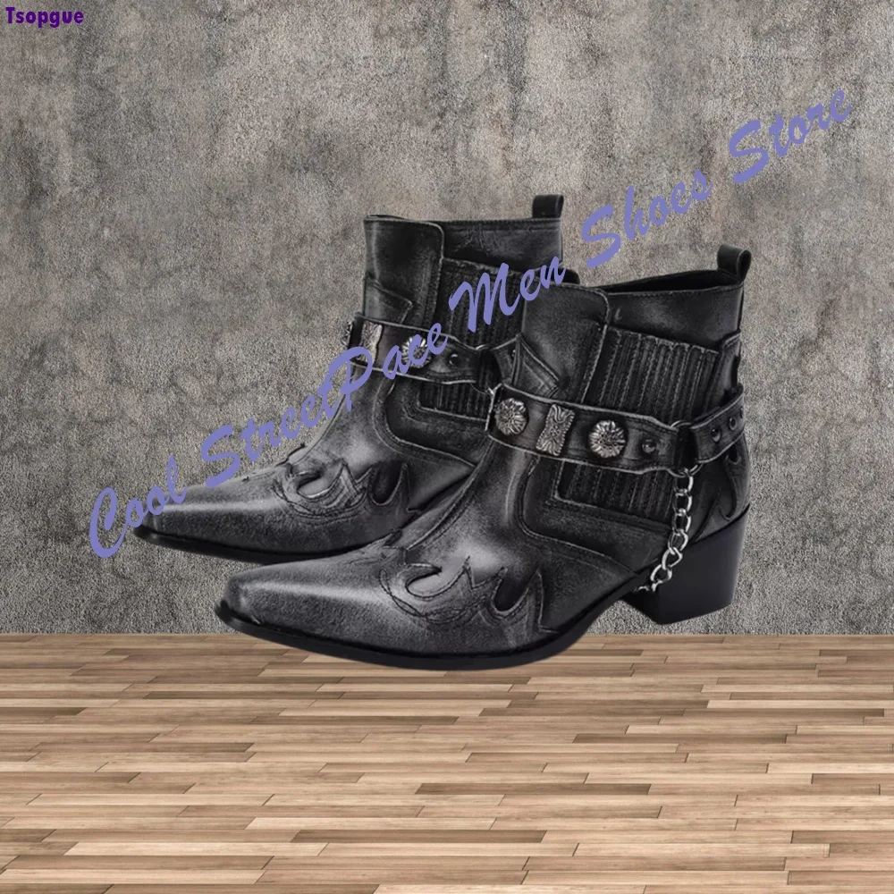 Punk Western Cowboy Ankle Boots Men Washed Floral Embroidery Metal Chain Decor Multi Flower Buckle Straps Mid Heel Chelsea Boots