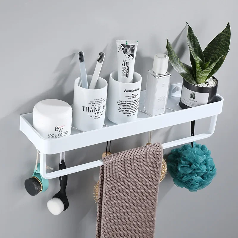 Bathroom Shelf Bath Shower Shelf With Towel Bar White Corner shelf 30-50CM Wall Mounted Black Aluminum Kitchen Storage holder