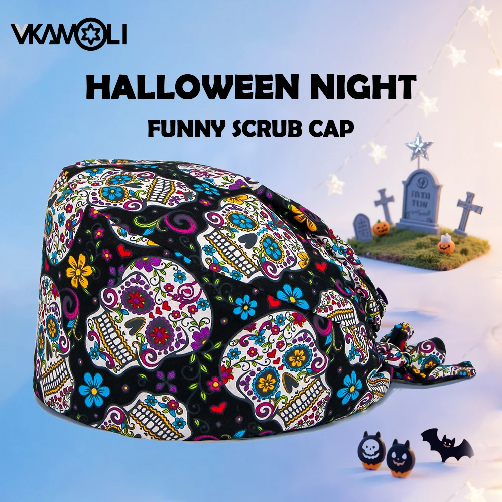 

2025 Autumn/Winter New Halloween night funny skeleton pattern scrub cap Medical Uniform accessories
