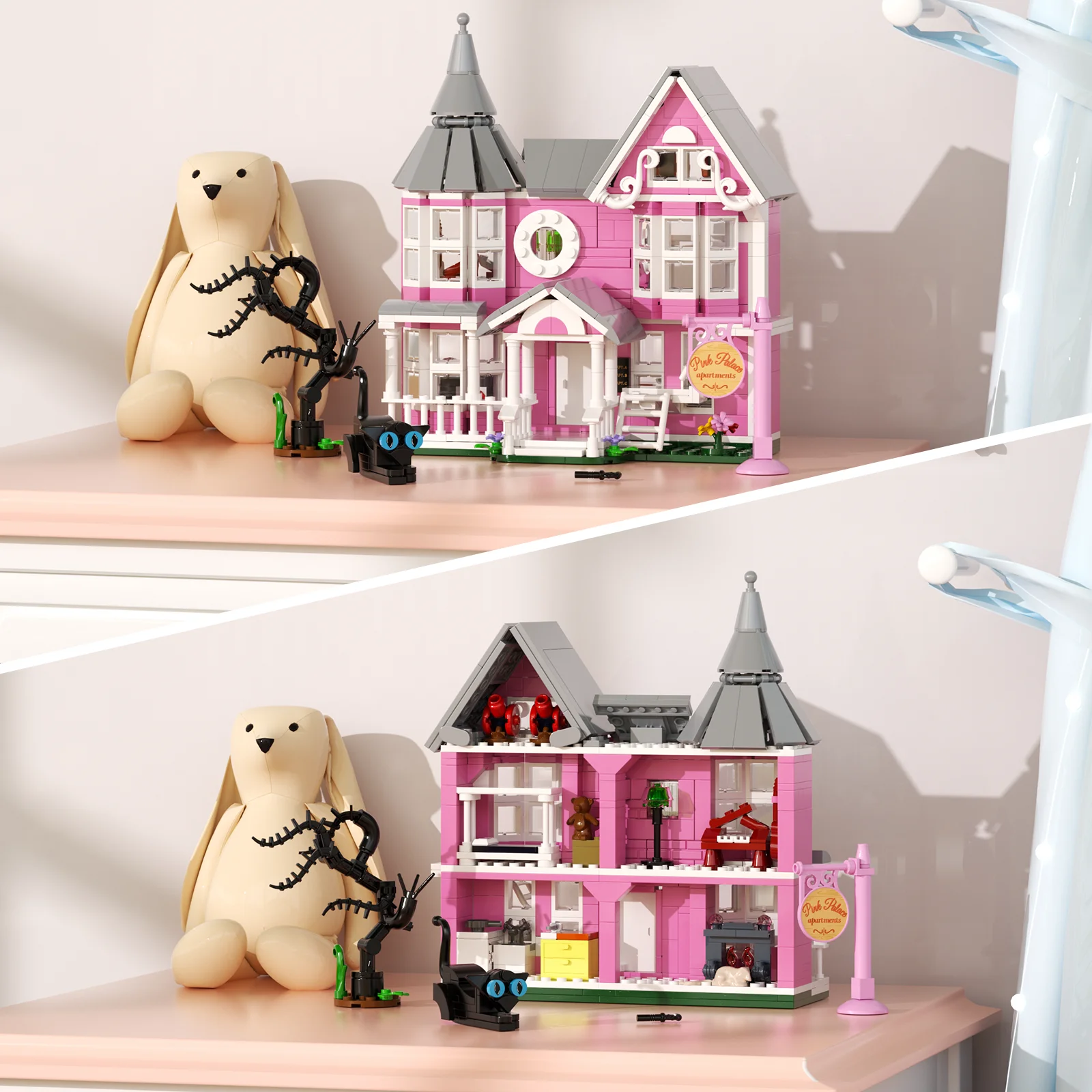 Rosa Palasthaus Bausteine Set Halloween Herrenhaus Modell Spielzeug Weihnachtsgeschenke für Kinder Erwachsene (566 Stück)