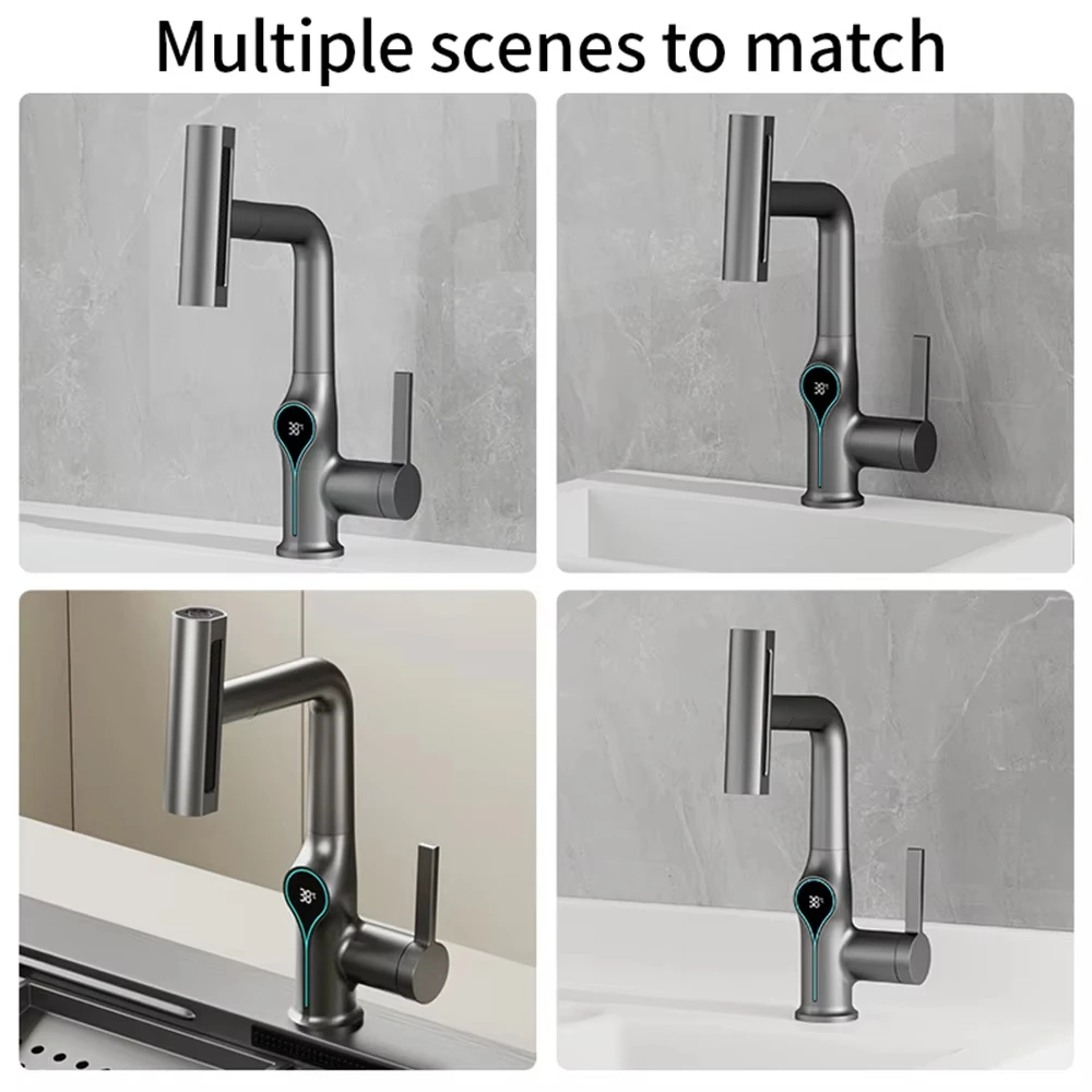 Digital Display Waterfall Faucet for Bathroom Sink Hot Cold Water Mixer Wash Tap with Lift up down Stream Sprayer