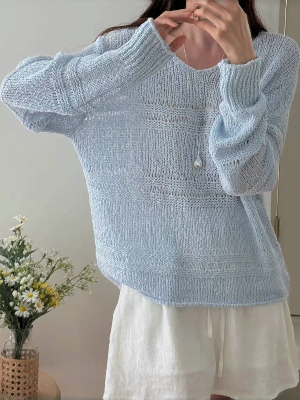 

Faionable V-Ne Hollow Knitted Sweater Women's Long Sve Air Conditioning Cover up Ele Top Commute Loose Fit Thin