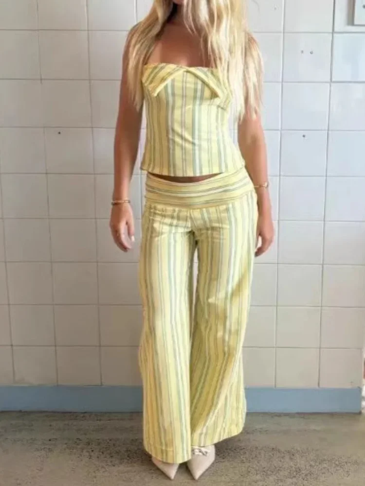 

2025 Summer Women's 2 Piece Outfit Chic Backless Halter Vest High Waist Wide Leg Pants Set Striped Lace Up Top Casual Streetwear