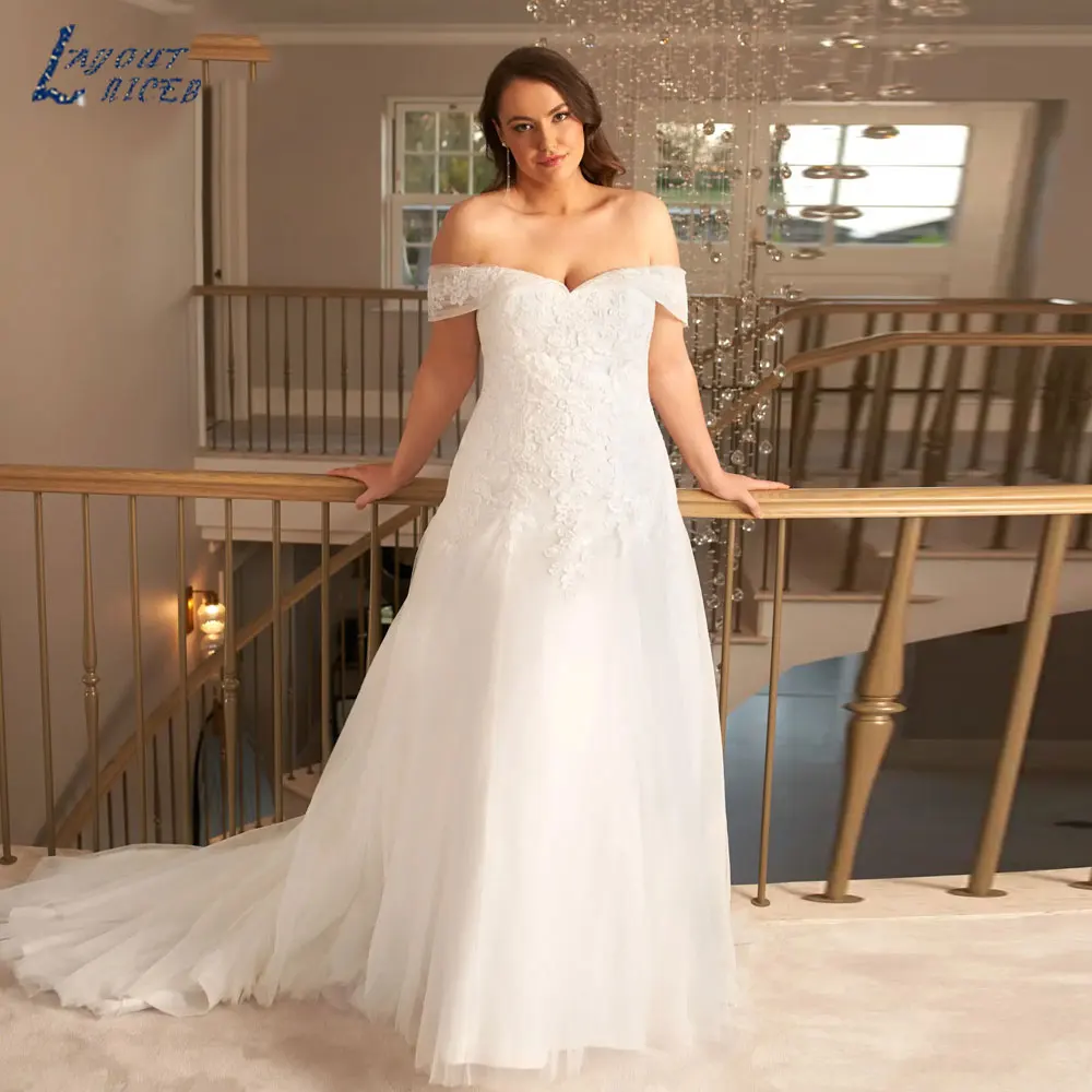 

LAYOUT NICEB Princess Off Shoulder V Neck Wedding Dresses Simple Plus Size Appliques Bride Gowns Back Lace Up Vestidos De Noiva