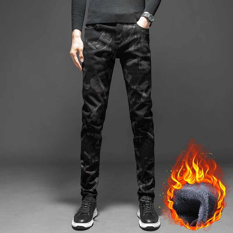 Autumn and winter padded thickened personality printing men's jeans street fashion Slim thin elastic casual black pants