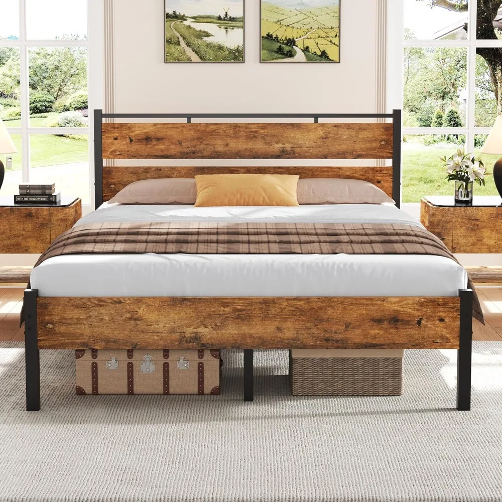 

BedsPick 14 Inch Queen Bed Frame Sturdy Metal Bed Frame Queen Size with Wooden Headboard and Footboard, Noiseless/12.4" Under Be