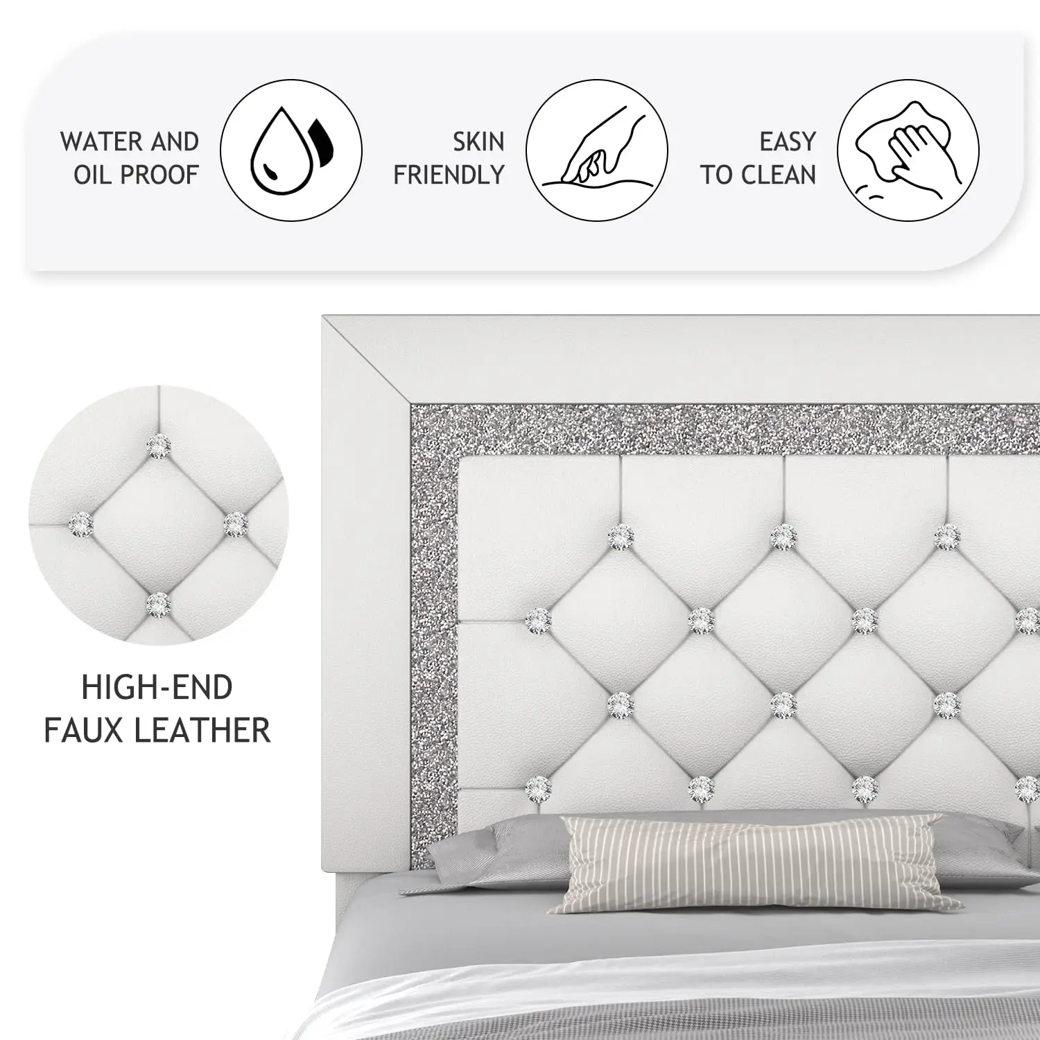 King Bed Frame, Faux Leather Platform Bed with Upholstered Diamond Headboard, Mattress Foundation with Strong, Customized view 4