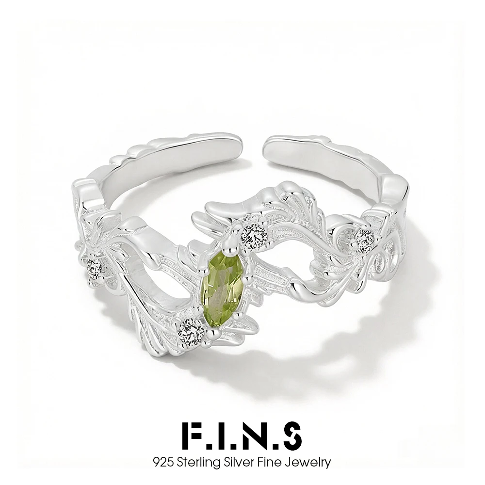 F.I.N.S Punk Irregular Y2k 925 Sterling Silver Rings For Women Leaf-Shaped Olive Zirconia Open Finger Party Aesthetic Jewelry