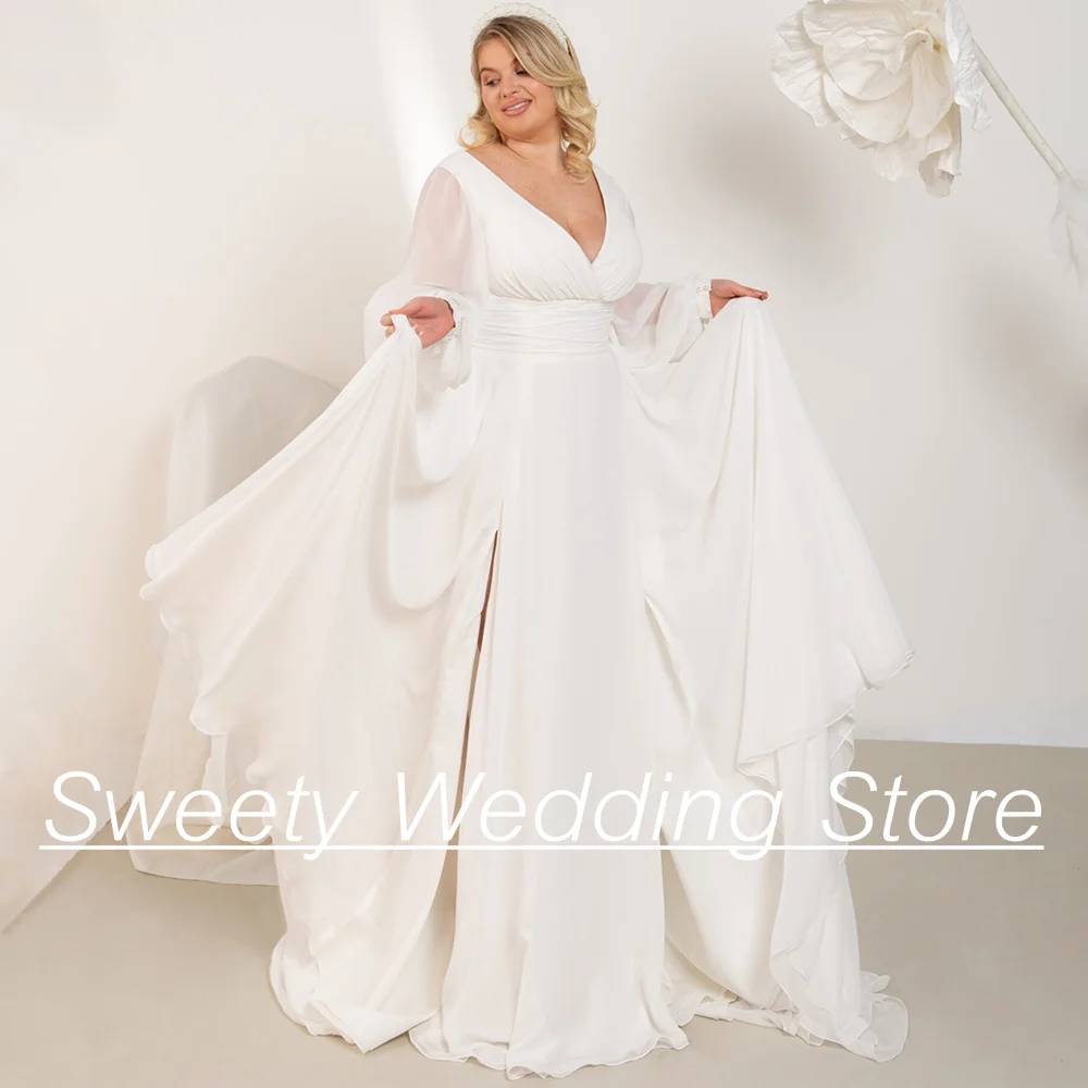 

New Wedding Dresses Plus Size Simple Bride Gown Puff Sleeves V Neck Pleat Slit Sweep Train Vestidos De Novia Beach Bridal Dress