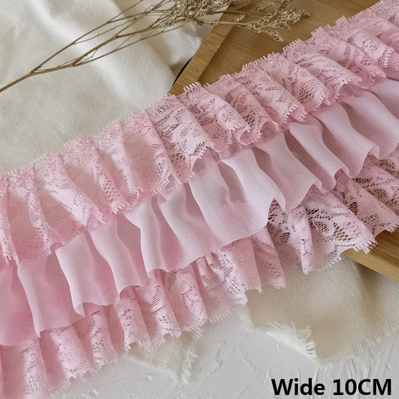 10cm breit drei Schichten rosa Chiffon plissierte Spitze Stoff Stickerei Rüschen besatz Hochzeits kleid Kragen Ausschnitt DIY Näh dekor