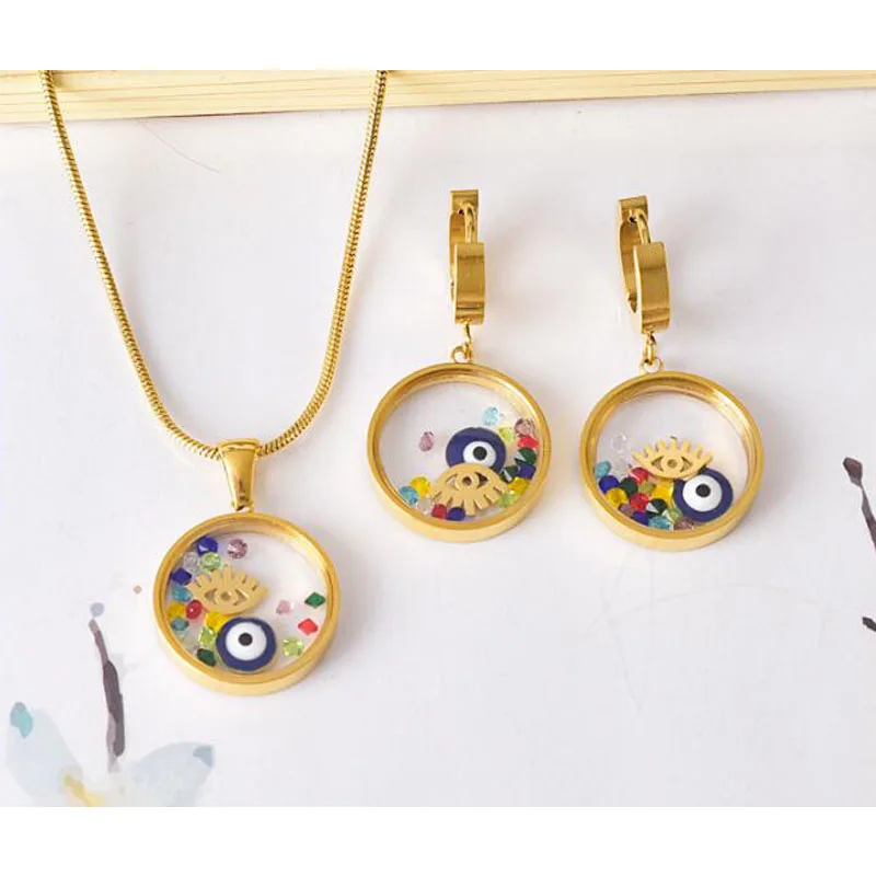 2024 Stainless Steel Round Drop Oil Eye Glass Pendant Necklace Earrings Jewelry Set for Women Girl Trend Party Wedding Gift