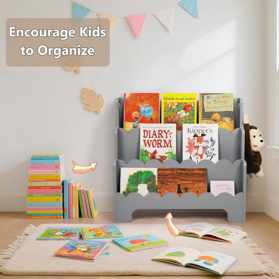 Wooden 3Tier Scalloped Bookshelf for 's Rooms FrontFacing Toddler Montessori Bookshelf Ideal for Baby Nursery Classroom and Hom