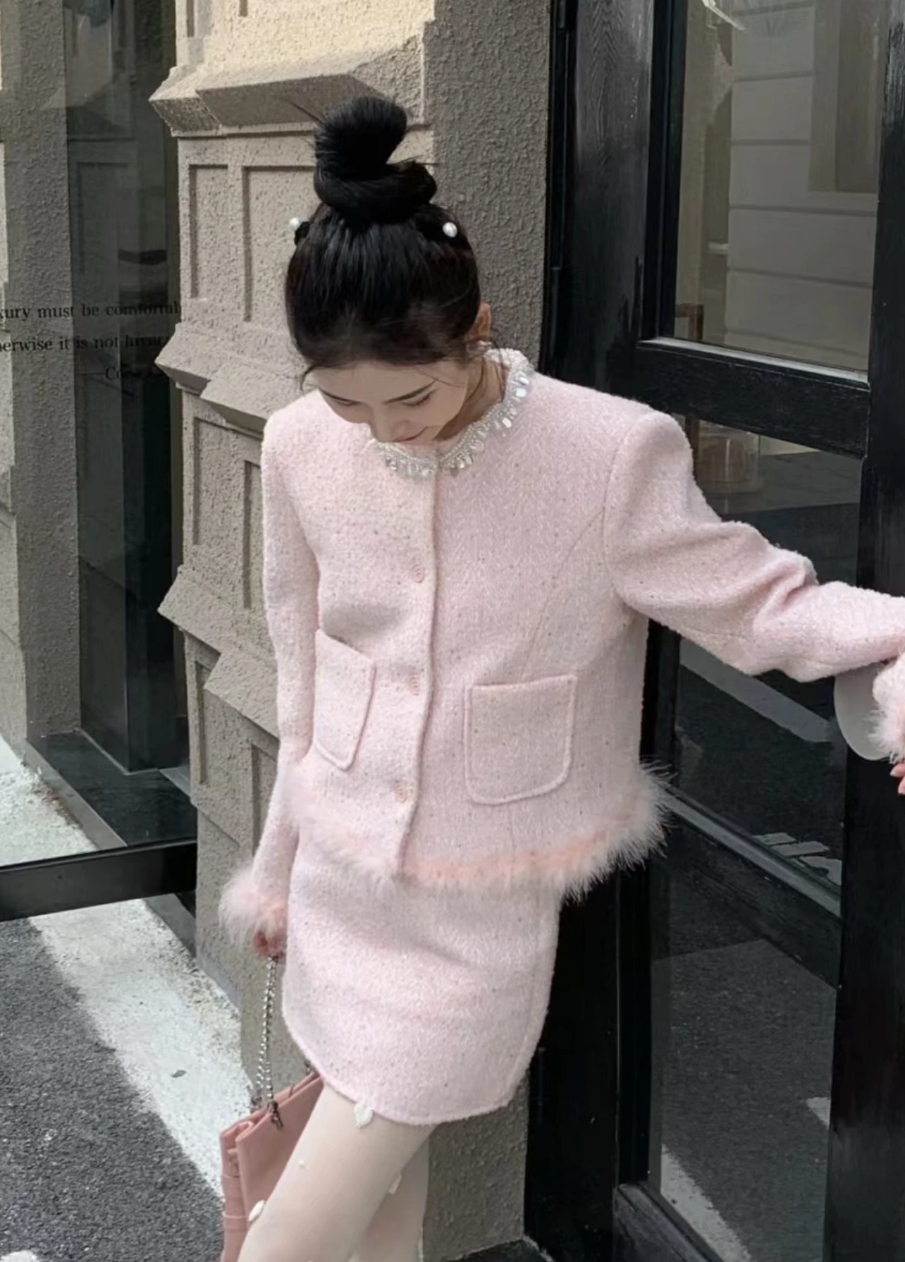 Actual Photo: Pearl Collar Furry Patchwork Short Jacket Classic-inspired Set, Autumn Winter High-waist Skirt Pink Two-piece Set