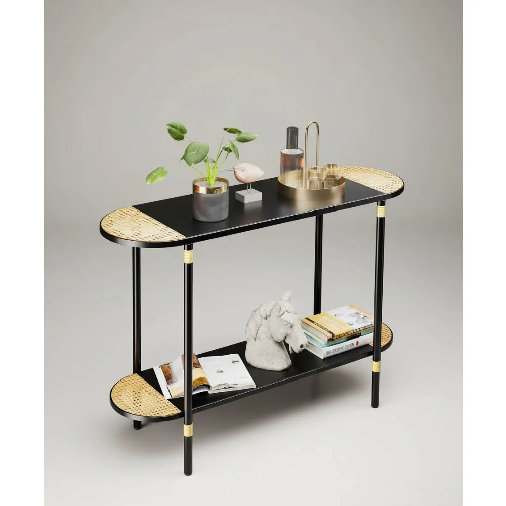 

Современный черный металлический консольный столик с декором из ротанга, двухуровневый приставной столик для дивана в прихожей для гостиной, прихожей