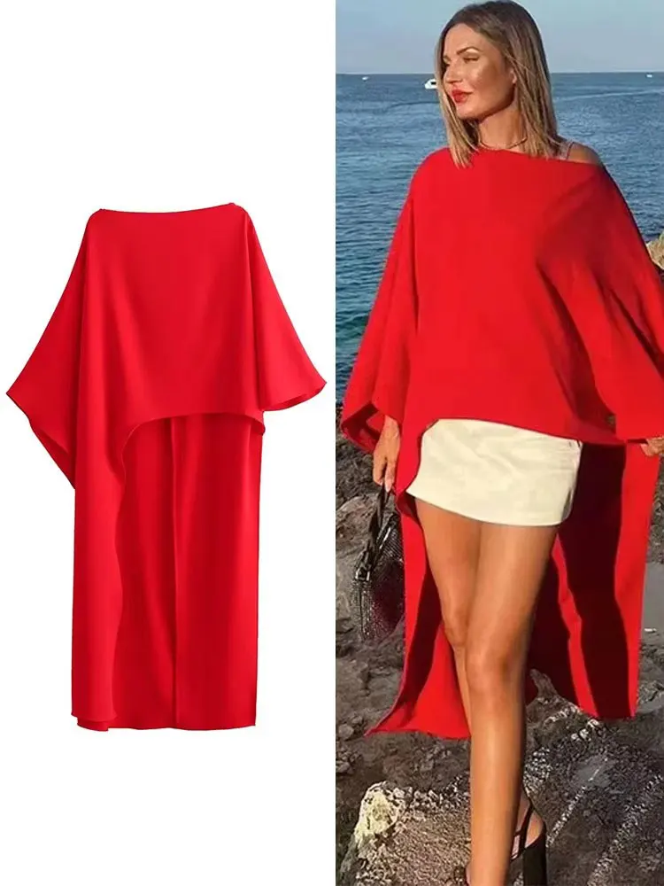 HH Summer Women Asymmetrical Dress Solid Casual Loose Cape Style Long Dresses Woman Elegant Evening Dress vestido