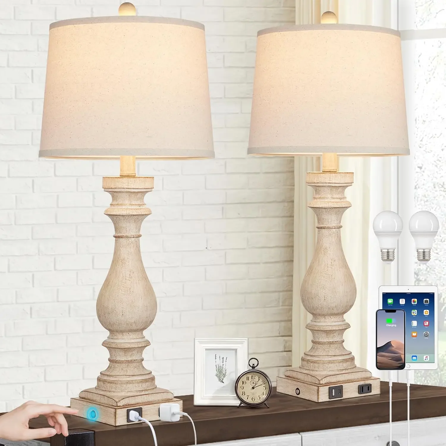 29" Tall Table Lamps Set of 2 with USB-C & AC Outlet, 3-Way Dimmable Touch Control, Farmhouse Nightstand Lamps for Living Room Bedroom