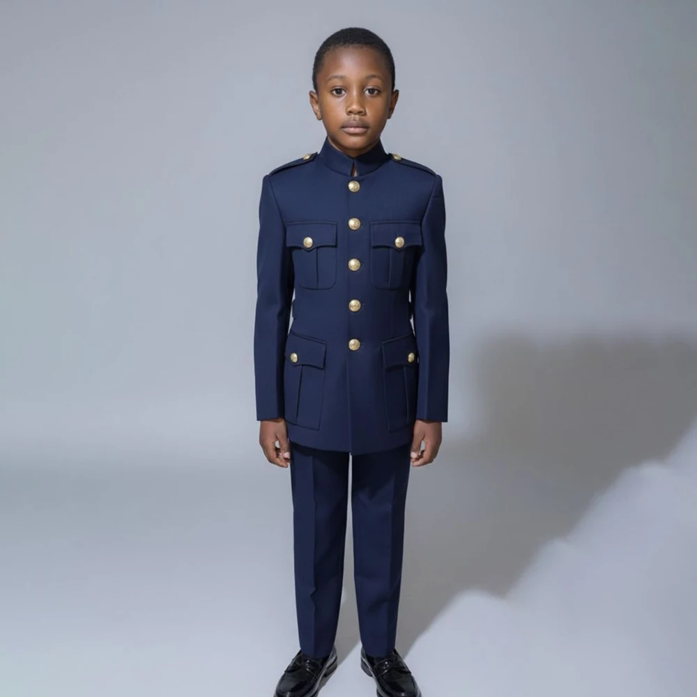 Navy Blue Boys Suit 2 Piece Blazer Pants Set Stand Collar Four Pockets Kids Outfit for Wedding Party Event Children's Suit