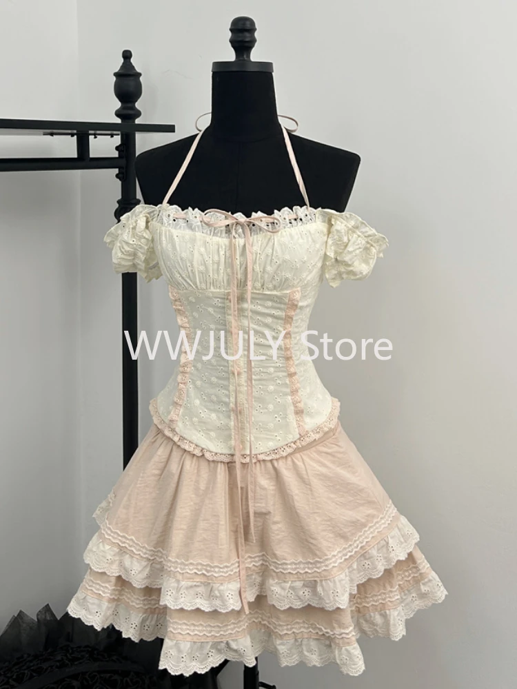 Conjunto de saia kawaii vintage com renda para mulheres, mini saia de princesa Y2K, terno elegante e doce, japonês, fêmea, novo, 2 peças, 2024