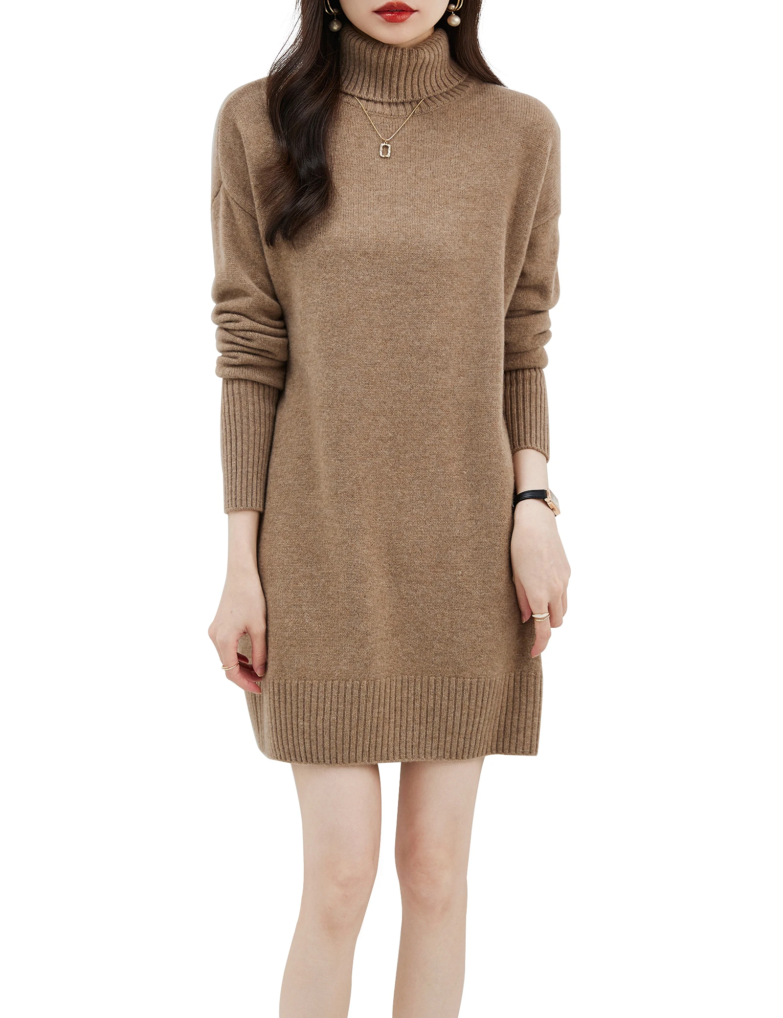 EU Size Women\'s Turtleneck Sweater Dresses 100% Merino Wool Vintage Dress 2023 Fall Winter Warm Long Sleeve Knitted Mini Skirts