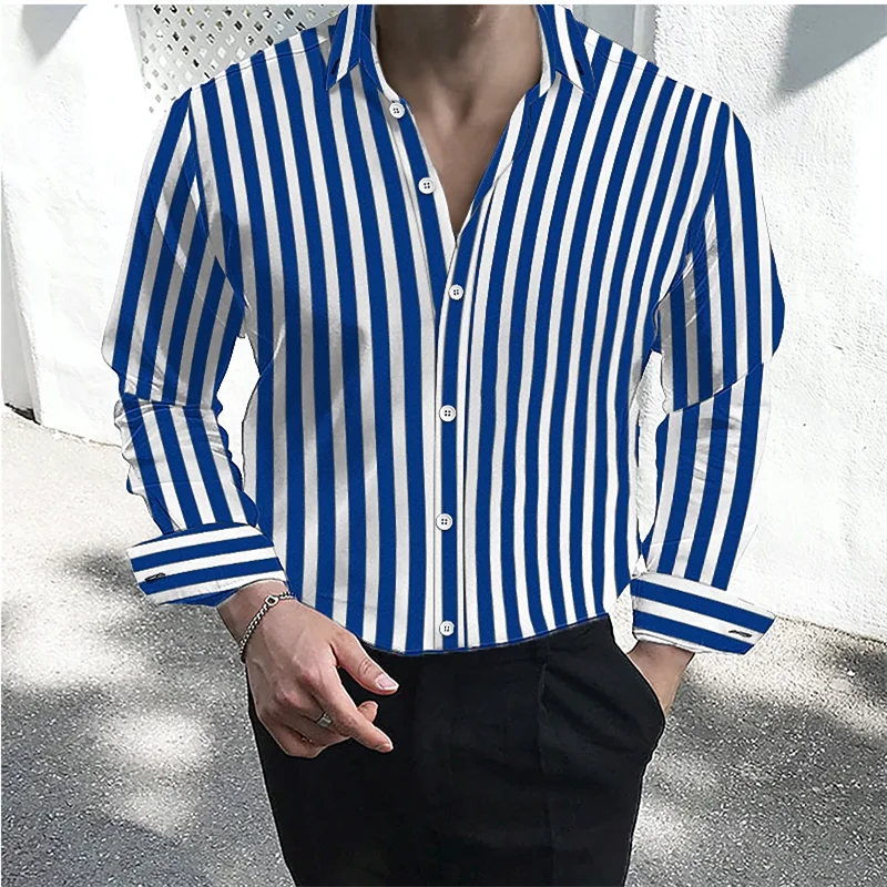 Men\'s formal shirt button lapel shirt black and white red long sleeve striped collar wedding work clothing large size 6XL