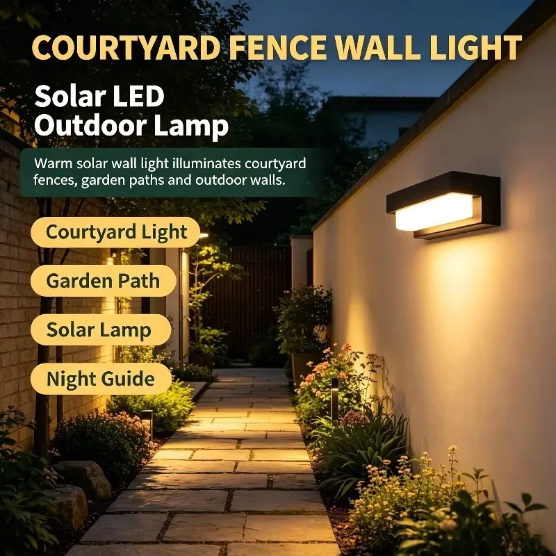 Black Rectangular Solar Wall Light Warm Glow Outdoor LED Garden Yard Patio Lawn Courtyard Villa Landscape Porch Balcony Fence