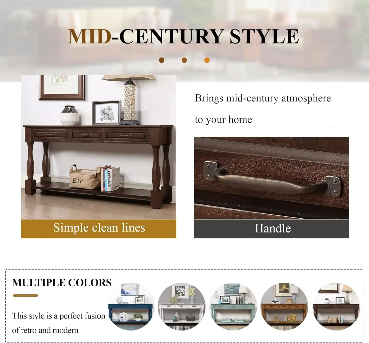 신상품 입고, 할인된 가격! ]63인치 목재 롱 콘솔 테이블(서랍 3개 및 하단 선반 1개 포함), 엔트용 매우 두꺼운 소파 테이블