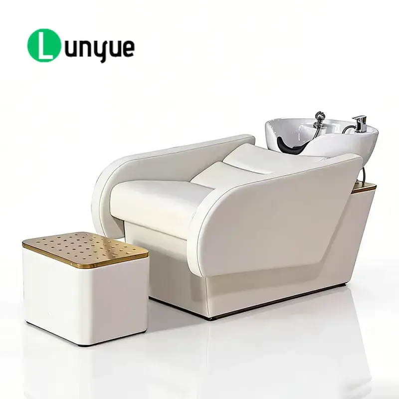 Modern Luxury White Recliner Shampoo Chair with Ceramic Basin Head Therapy Foot Stool for Hair Beauty Spa